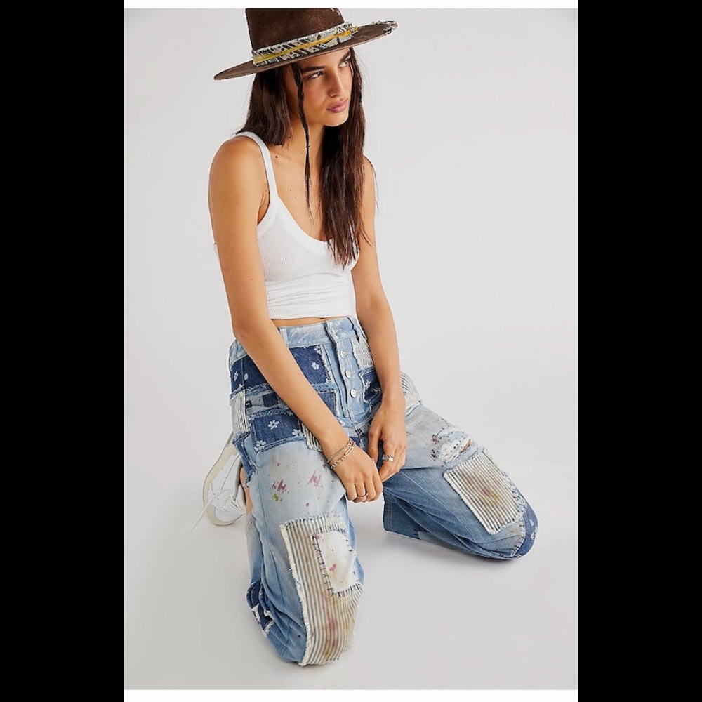 Free People Azalea Patchwork Blue Jeans Daisy Blue size 28